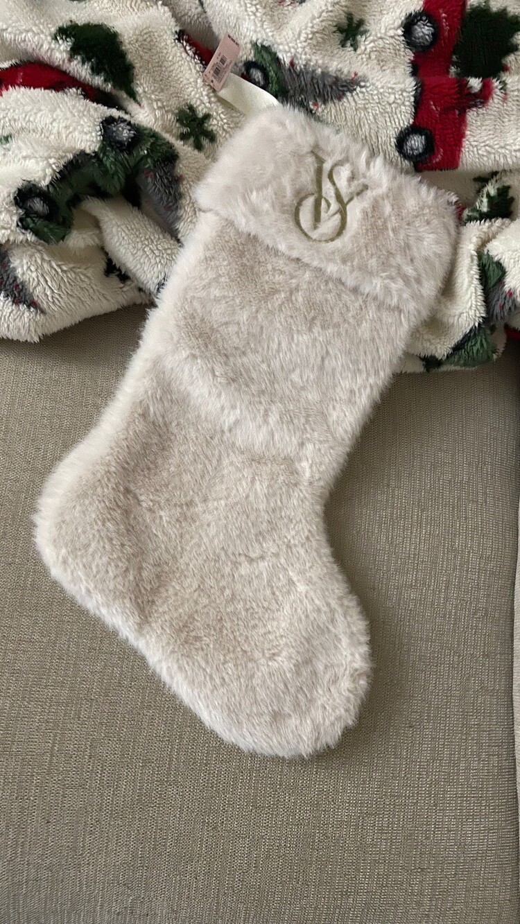 Victoria's Secret White Faux Fur Christmas Stocking with Gold Embroidered Logo